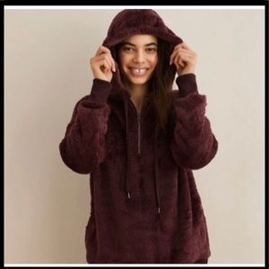 Aerie Fuzzy Faux Fur Quarter Zip Hoodie Burgundy